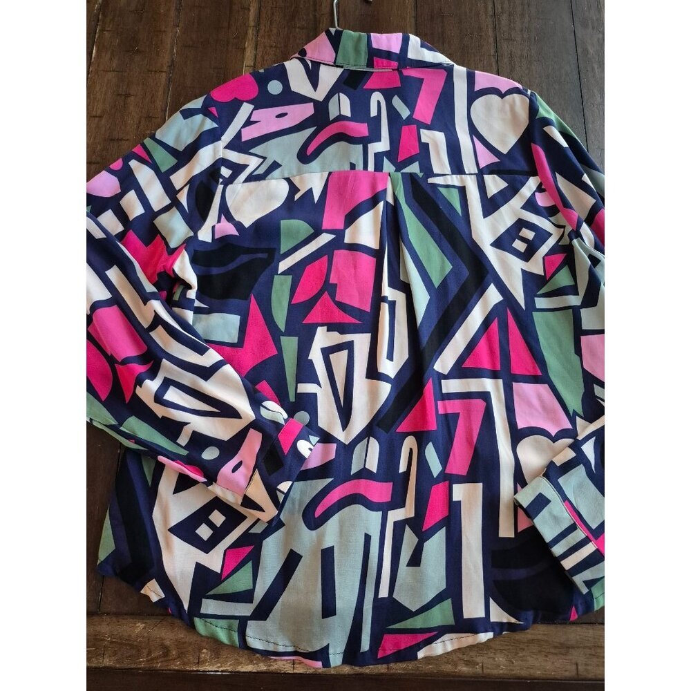 Big Dart Vintage Button-Up Abstract Print Long-Sl… - image 2